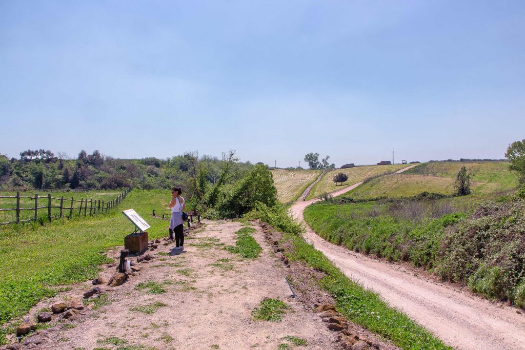 Ingresso al parco di Vulci, una ragazza legge una tabella. Ecco cosa vedere in Maremma